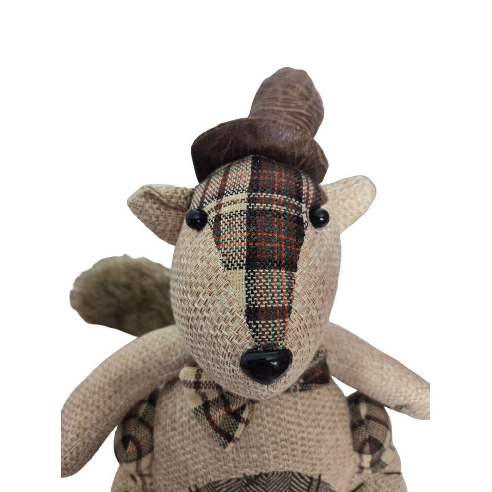 Rustic Fabric Squirrel Doorstop/ Shelf Sitter with Faux Fur Tail & Plaid Accents - Picture 5 of 11